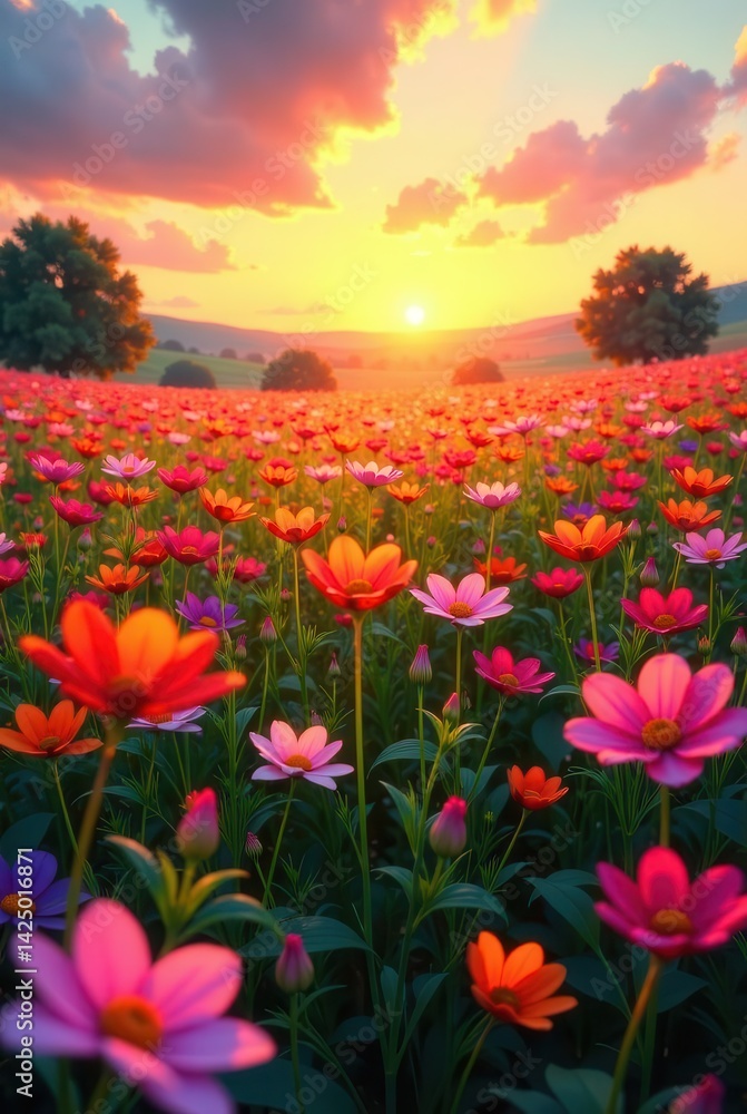 Obraz premium Vibrant Cosmos Field at Sunset A Serene Landscape of Blossoms Bathed in Golden Light