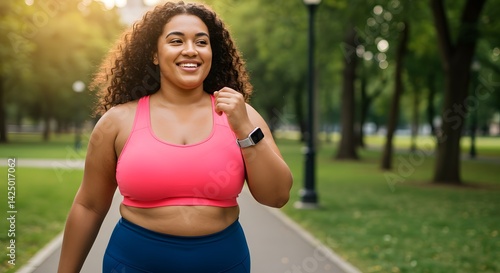 Woman enjoying a brisk walk in the park on a sunny day, radiant with health and sporting fitness apparel.