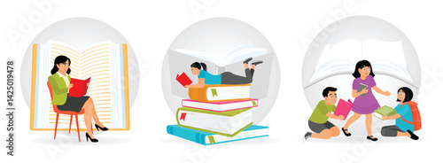 Woman Reading a Book. Reading on Giant Book Stack. Group of Children Sharing Books.
