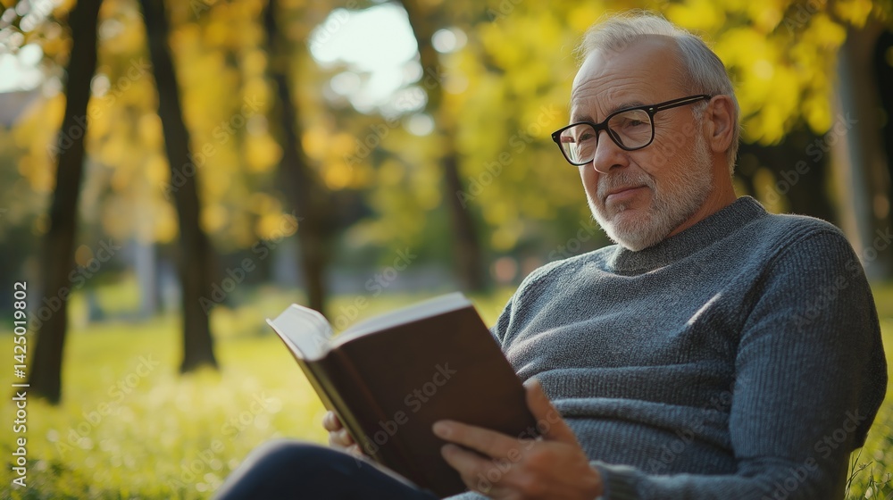 Elderly man reading a book in a park, enjoying a peaceful moment in nature. Perfect for themes of relaxation, wisdom, and retirement. Elderly man reading a book in a park, enjoying a peaceful moment in nature. Perfect for themes of relaxation, wisdom, and retirement.
