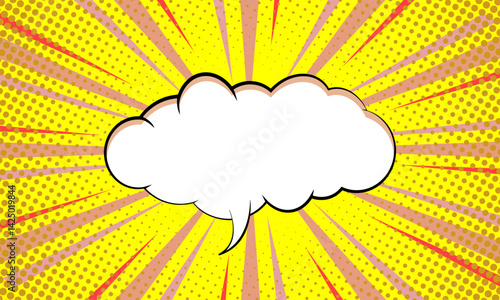 Pop art comic yellow background with cloud bubble, halftone texture and burst. Cartoon Illustration