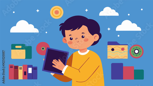 A child plays makebelieve using their parents record collection to create their own imaginary records with handdrawn sleeves dreaming of one day Vector illustration