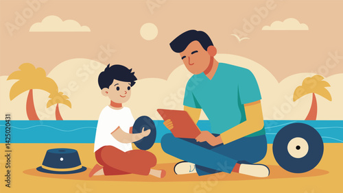A father and son bonding over their mutual love for music sitting side by side on the sand and sharing their favorite records. Vector illustration