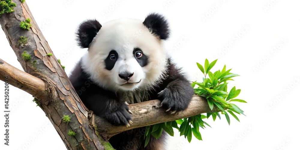 Naklejka premium Adorable Baby Panda Climbing Tree, Aerial View, Cute Panda Cub in Bamboo Forest, High Angle Shot