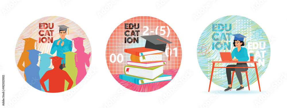 Formal education in schools features stacks of Books with graduation caps. Formal education in schools features stacks of Books with graduation caps.