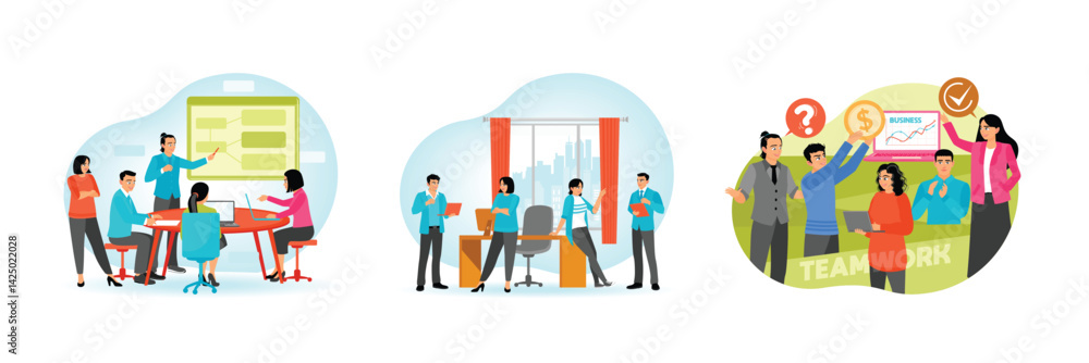 Fototapeta premium Managers and employees collaborate in brainstorming sessions and work discussions.