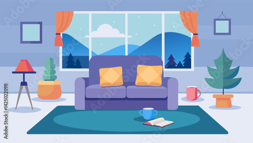 A cozy living room with cushions and blankets for a cozy virtual yoga class on a cold winter day..