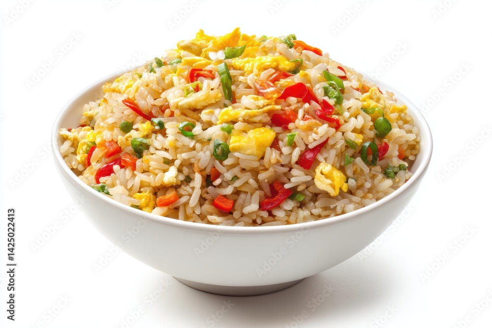 Delicious Egg Fried Rice with Colorful Vegetables served in a White Bowl on a White Background Close Up Delicious Egg Fried Rice with Colorful Vegetables served in a White Bowl on a White Background Close Up
