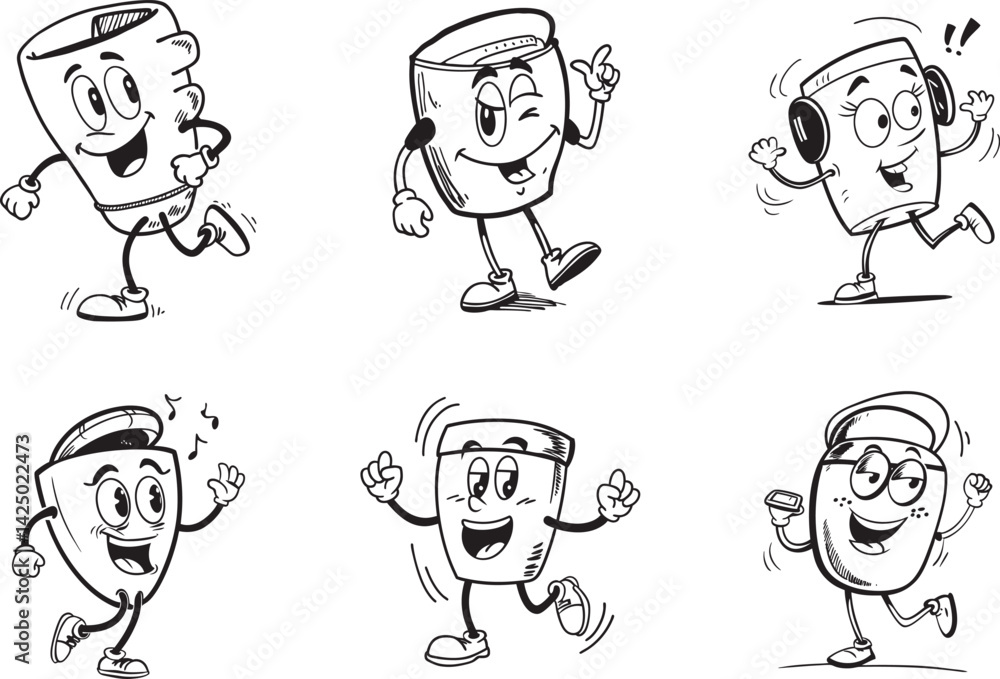 Fototapeta premium Funny coffee cup cartoon characters set vector illustration graphic design