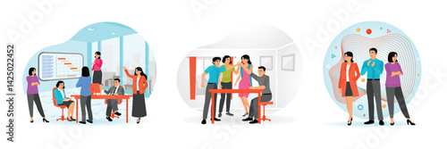 The teamwork concept shows a group of employees holding a meeting and celebrating business success.