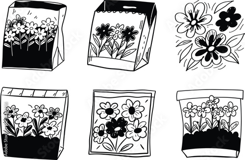 Cute monochrome doodle flower seeds packaging and flowers arrangement set
