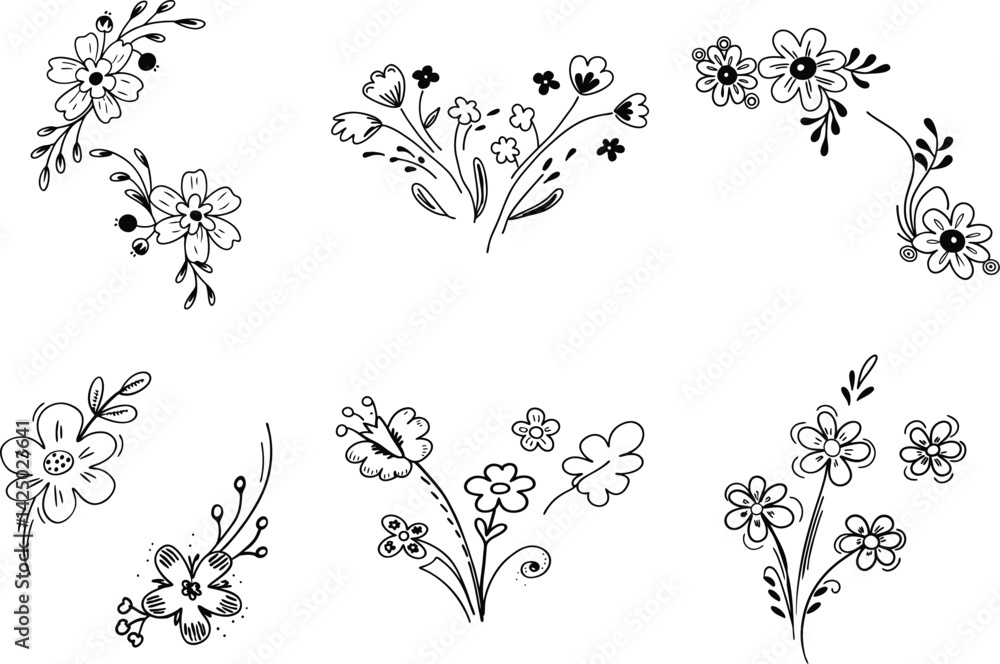 Fototapeta premium Hand drawn floral elements set sketch style flower decoration vector illustration