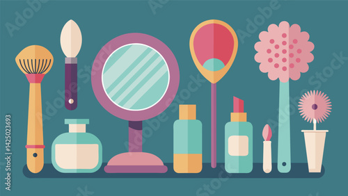 A display of vintage beauty tools such as intricate hair brushes and delicate powder puffs alongside their modern counterparts of electric hair. Vector illustration