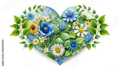 Bokeh Heart Flowers, Blue Background, Green Leaves - Romantic Floral Photo