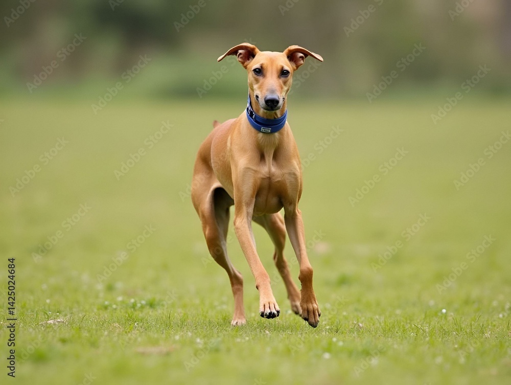 Whippet dog at the end of a lure course run Whippet dog at the end of a lure course run