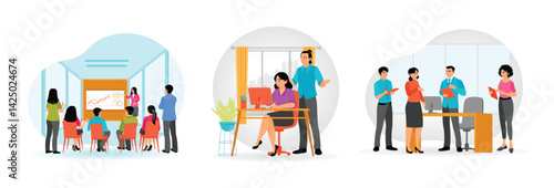 People working together  in office.   Manager giving  lecture to audience .