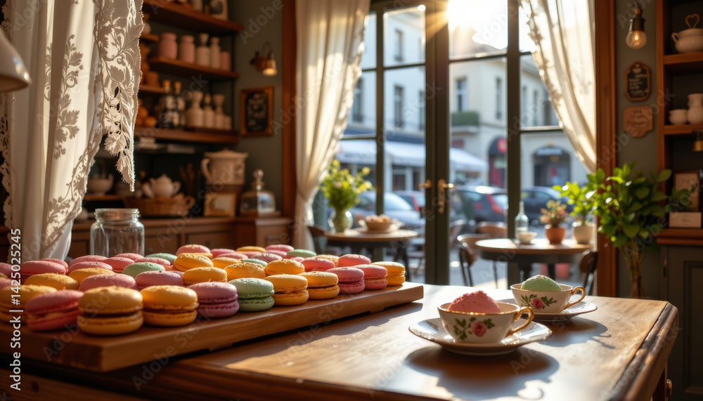 charming Parisian patisserie showcases colorful macarons on wooden table, bathed in warm sunlight. inviting atmosphere is enhanced by elegant decor and view of street outside charming Parisian patisserie showcases colorful macarons on wooden table, bathed in warm sunlight. inviting atmosphere is enhanced by elegant decor and view of street outside