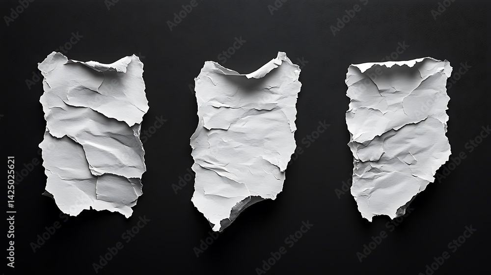 Three white ripped paper with torn edges vector set isolated on a black background, Three white ripped paper with torn edges vector set isolated on a black background,