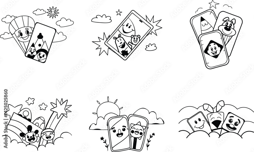 Fototapeta premium Black and white outline set of smartphone cartoon characters in the sky illustration