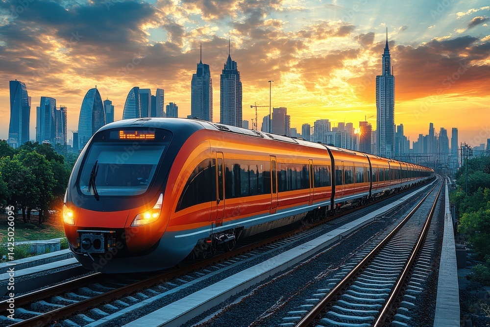 Naklejka premium A train is traveling down the tracks with a sunset in the background