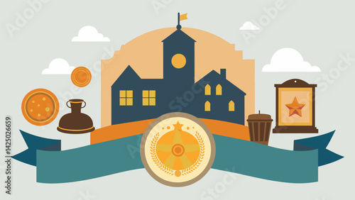 A faded banner a commemorative plate and antique medals commemorate a historic event that occurred in the town bringing a sense of local pride and. Vector illustration