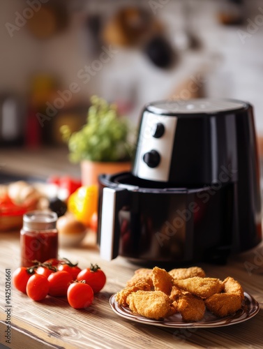 Air fryer with crispy chicken nuggets delicious tomato sauce and fresh cherry tomatoes on wooden table