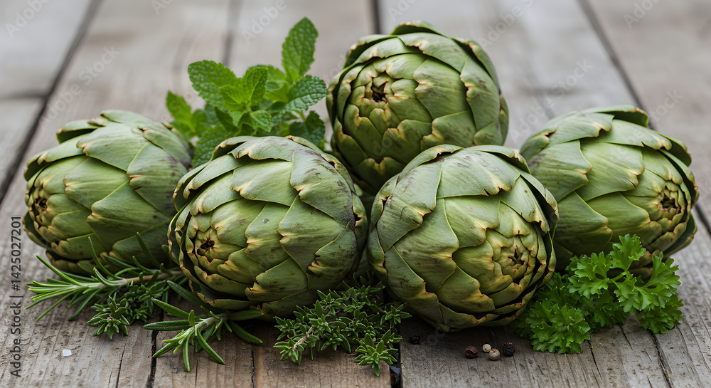 Fototapeta premium Fresh Artichokes Displayed With Various Herbs On A Rustic Wooden Surface