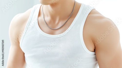 Obraz na płótnie Man wearing a white tank top shows off toned arms and a silver chain indoors in bright natural light. w salonie