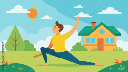 A man performs a series of sun salutations in his backyard soaking up the warmth of the sun and feeling energized for the day ahead..