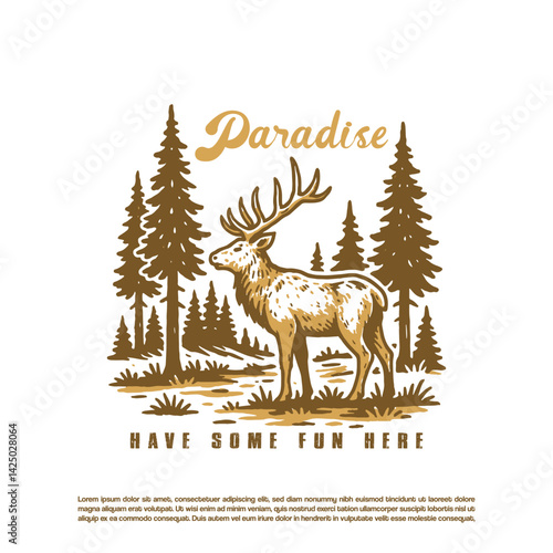 Vintage retro hand drawn wild deer in pine forest vector isolated on white background