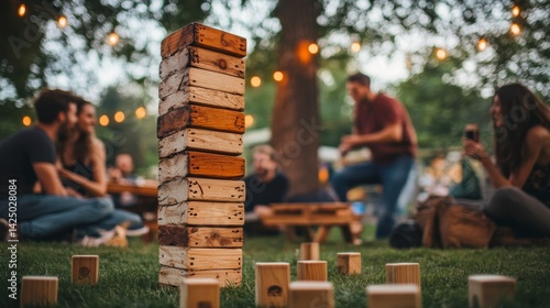 Fototapeta Naklejka Na Ścianę i Meble -  Friends playing giant Jenga outdoors at night.