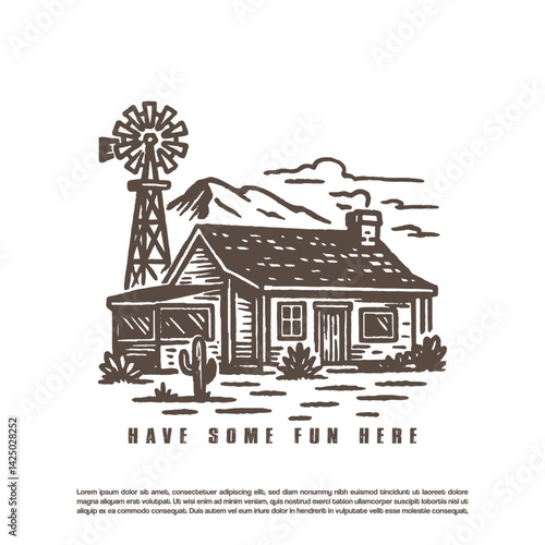 Retro hand drawn old wooden farm house with windmill in the middle of desert with mountain in the background