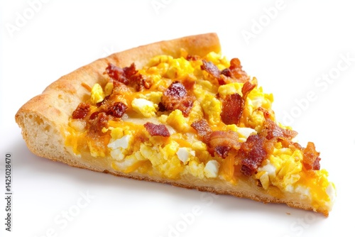 Delicious breakfast pizza slice featuring scrambled egg crispy bacon cheddar cheese on white background shot with soft lighting