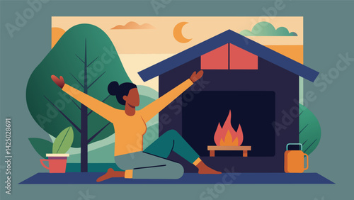 A solo traveler enjoying a moment of peaceful solitude stretching their arms and legs by the fireplace in their rented cabin.. Vector illustration