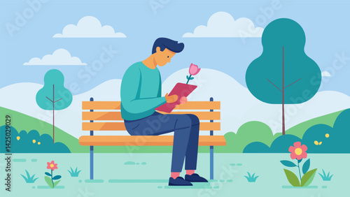 A man sitting on a bench in a park sketching a beautiful flower he found and immersing himself in the present moment..