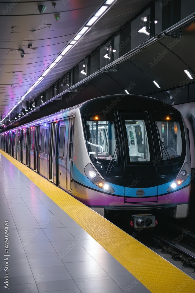 Obraz premium Subway Car at Station Interior Under Fluorescent Lighting Modern Transit and Transport Commute Urban Scene Contemporary