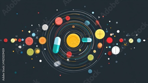 Obraz na płótnie Bright Minimal Pills and Icons in a Circular Health Motion Create a Dynamic Visual Representation of Wellness and Vitality w salonie