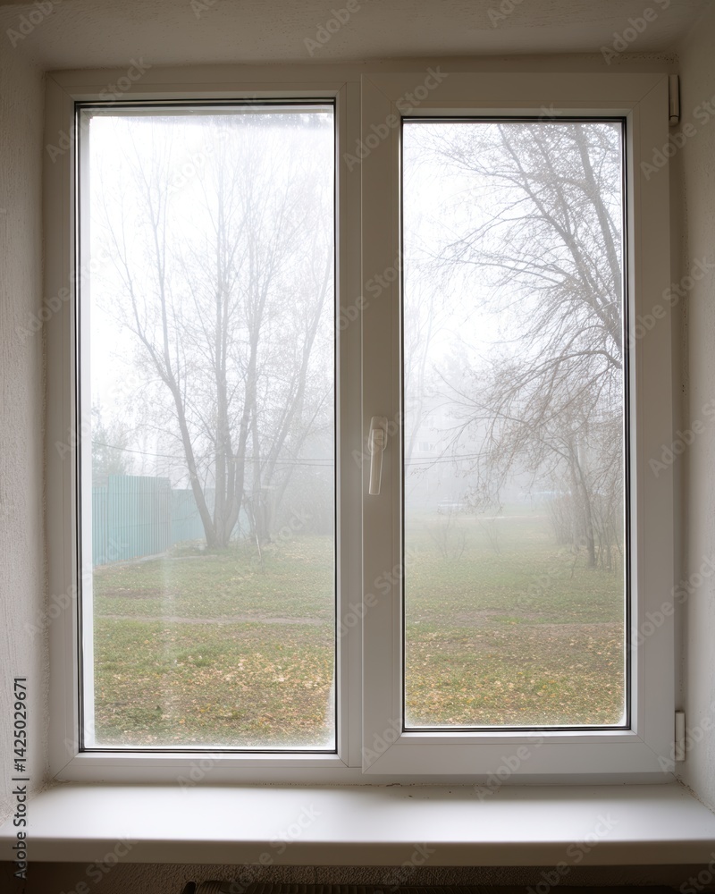 Obraz premium Ethereal mist filters through bare branches seen through double paned window autumn scene tranquility