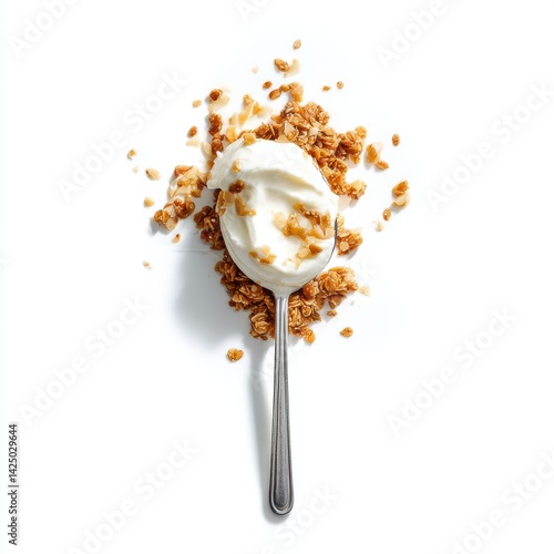 Spoonful of Creamy Yogurt with Crunchy Granola on a White Surface Minimalist Overhead Flat Lay Food Still Life