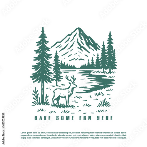 Wildlife adventure and hunting vector design, deer and forest mountain illustration