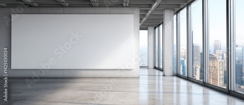 Modern office space with concrete walls and window overlooking cityscape featuring blank white billboard