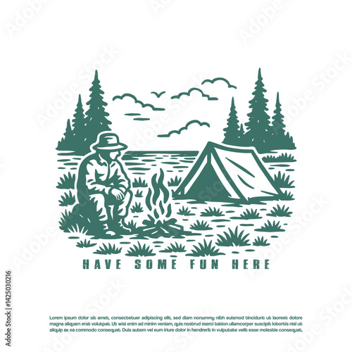 Retro outdoor camping adventure vector design, a man with campfire and tent in forest illustration