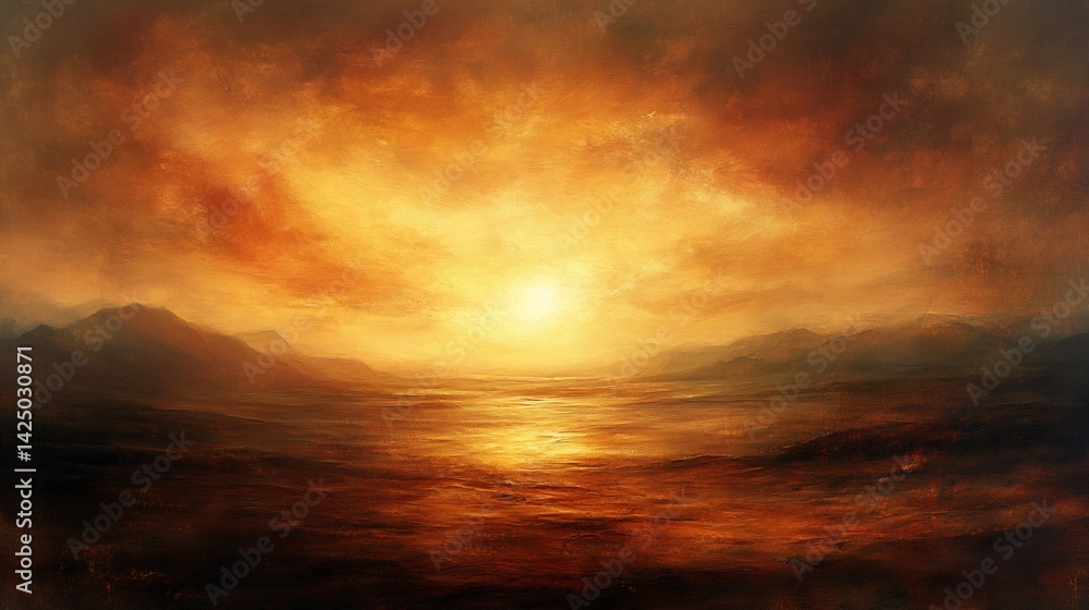 Fototapeta premium Fiery Sunset over Calm Highland Lake