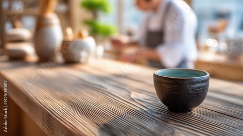 Obraz na płótnie Beautifully crafted tea bowl displayed on a wooden counter in a serene tea shop during daylight. w salonie