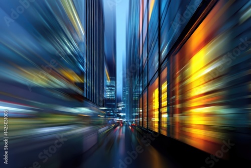 Abstract urban cityscape at dusk with motion blur capturing modern building architecture and street lights with vibrant colors