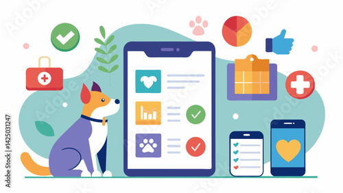 A summary of smartphone apps for pet owners offering features such as appointment scheduling medication reminders and behavior tracking.. Vector illustration