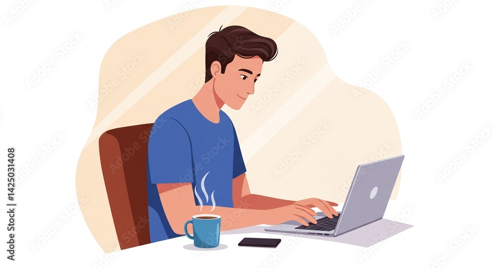 Male freelancer working on a laptop at a desk with coffee, vector flat design, transparent background Male freelancer working on a laptop at a desk with coffee, vector flat design, transparent background