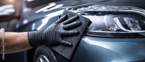 Professional auto detailing a vehicle headlight with micro fiber cloth for car polishing service