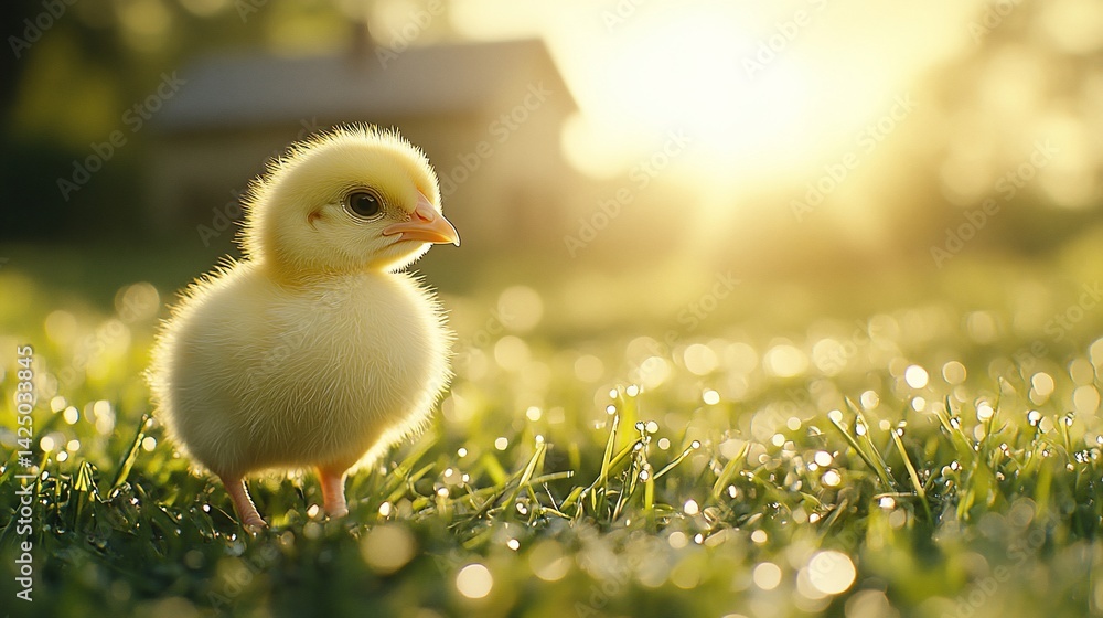 Fluffy yellow chick stands on dewy grass in a sunny backyard, early morning Fluffy yellow chick stands on dewy grass in a sunny backyard, early morning