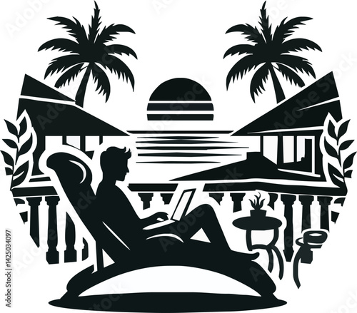 Serene Island Retreat: A person finds a perfect escape, working on laptop under palm tree near ocean